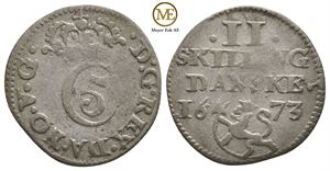 2 skilling 1673 Christian V. Kv.1/1+