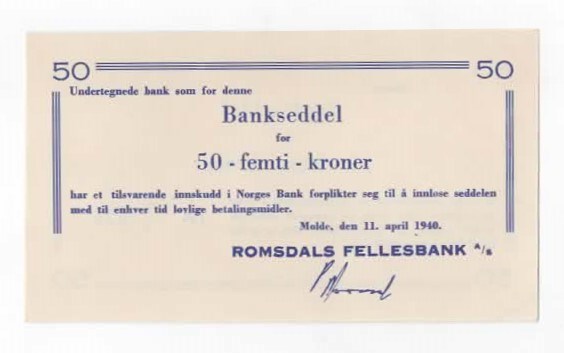 Romsdals Fellesbank 50 kroner 11.4.1940 kv. 0/01