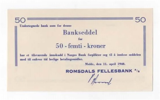 Romsdals Fellesbank 50 kroner 11.4.1940 kv. 0/01