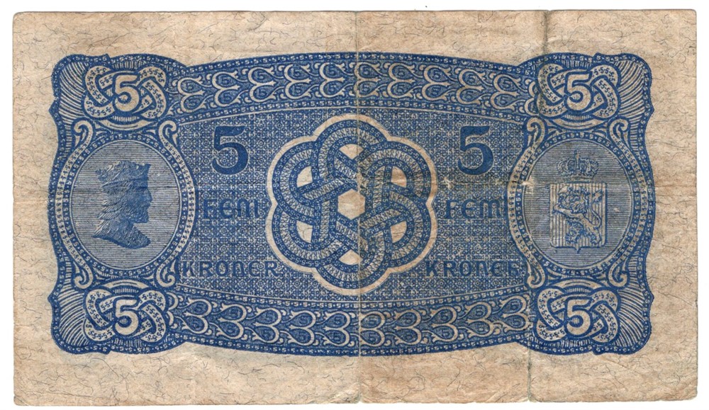 5 kroner 1907 B.4737756. R seddel Kv.1-