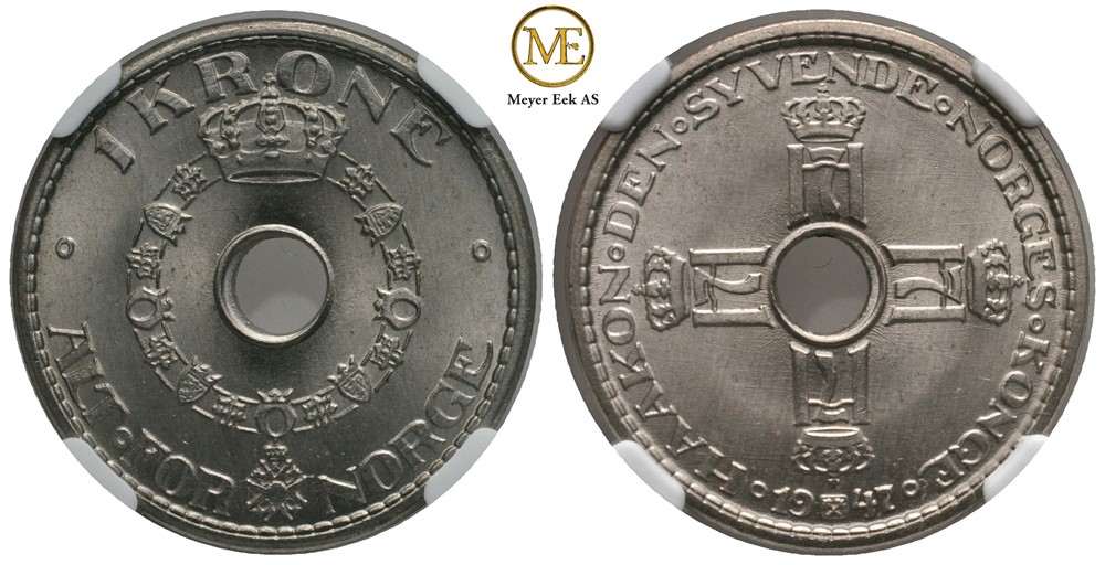 1 krone 1947 Haakon VII. MS 65. Kv.0
