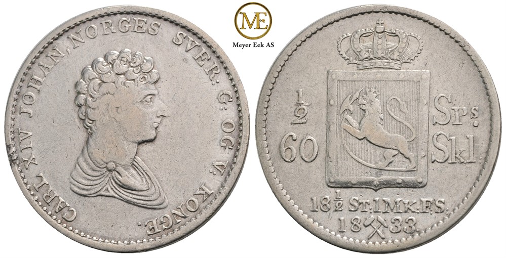 1/2 speciedaler 1833 Carl XIV Johan. Kv.1