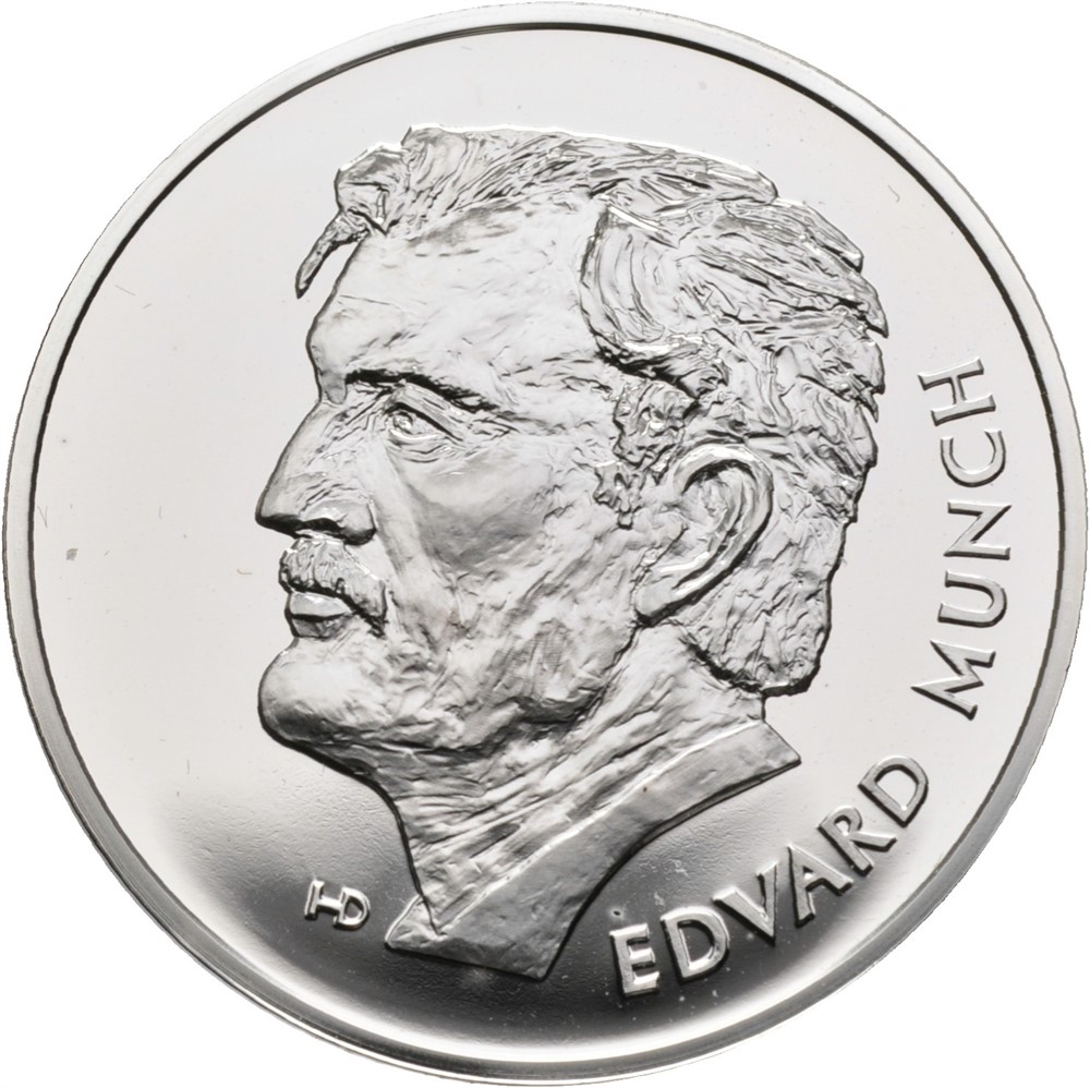Edvard Munch prestisjesett med 50 euro 2007 (16,129g/90%) sølvmedalje og brosje forgylt med 24 karat gull i orginalt skrin m/sertifikat