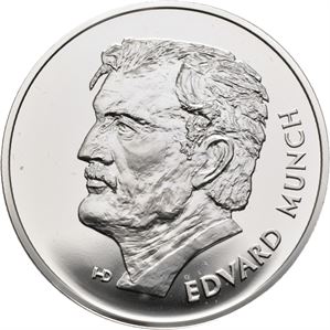 Edvard Munch prestisjesett med 50 euro 2007 (16,129g/90%) sølvmedalje og brosje forgylt med 24 karat gull i orginalt skrin m/sertifikat