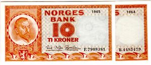 10 kroner 1964 B og 1965 F Kv.0