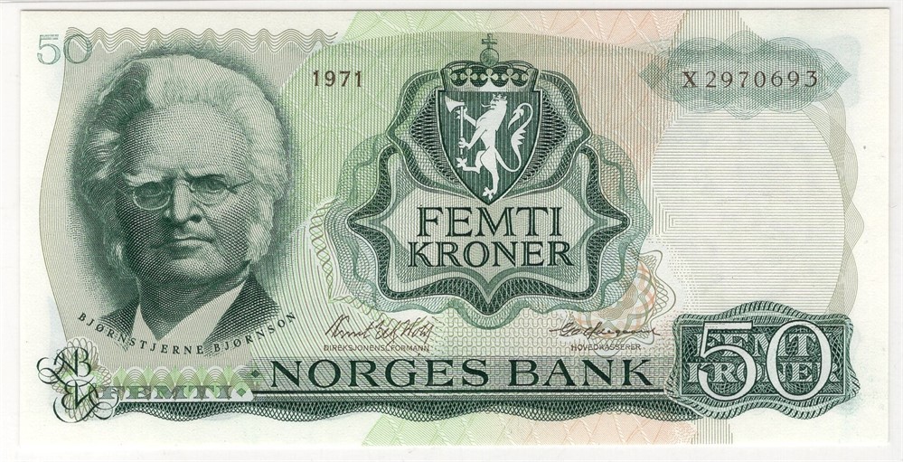 50 kroner 1971 X.2970693. Erstatningsseddel. Gradert til 65 EPQ hos PMG. S-seddel. Kv.0