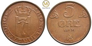 5 øre 1951 Haakon VII. Kv.0