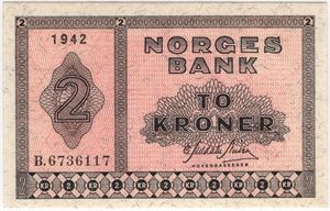 2 kroner 1942 B.6736117. Kv.0/01