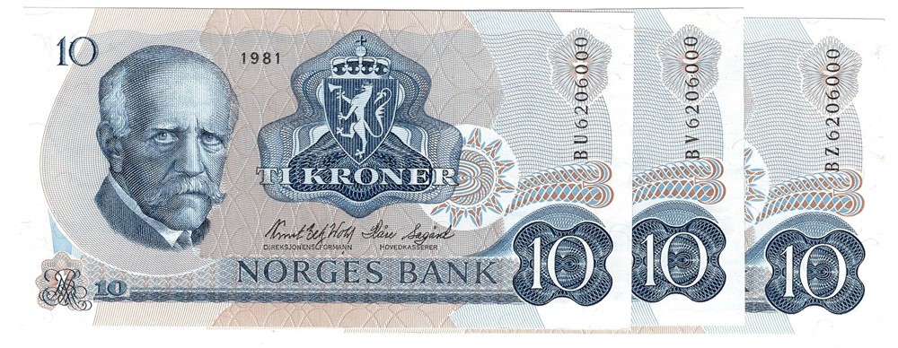 10 kroner 1981 B med samme serienummer. Kv.0