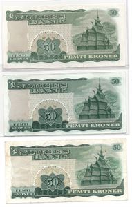 Lot. 50 kroner 1982 Z. 1966 X og 1973 X. Erstatningssedler. VK.