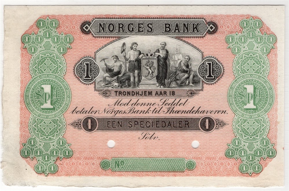 1 Speciedaler 1865-76 Specimen. Prøveseddel. Kv.0/01