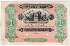 1 Speciedaler 1865-76 Specimen. Prøveseddel. Kv.0/01