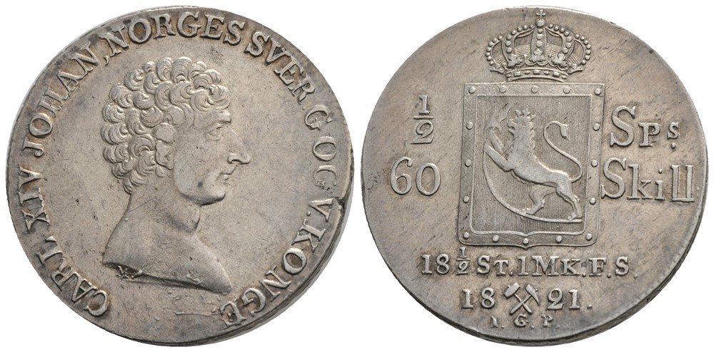 1/2 Speciedaler 1821 Carl XIV Johan. Kv.1+/01