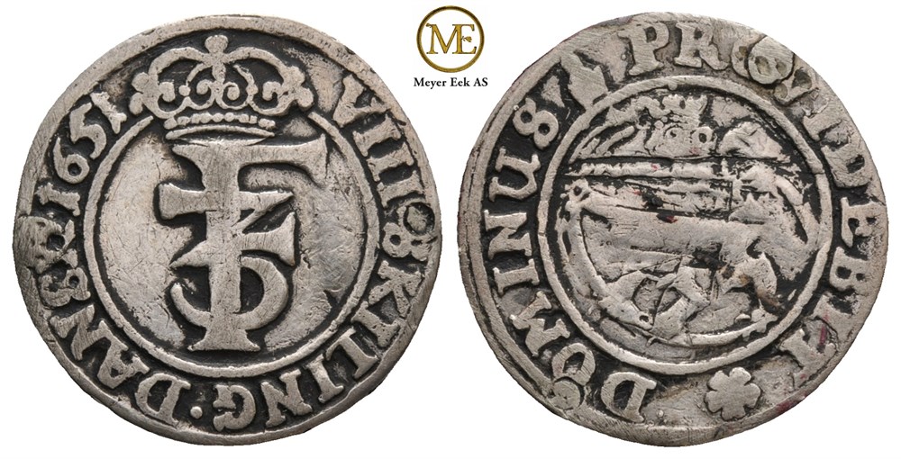 8 skilling 1651 Frederik III. Kv.1