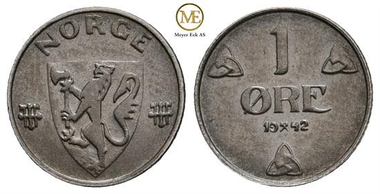 1 øre 1942 jern. Haakon VII. Prakteksemplar