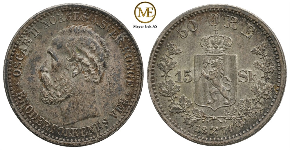 50 øre/15 skilling 1874 Oscar II. Kv.0/01