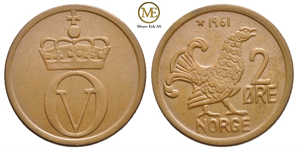 2 øre 1961 Olav V. Kv.0