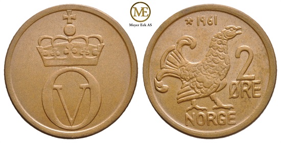 2 øre 1961 Olav V. Kv.0