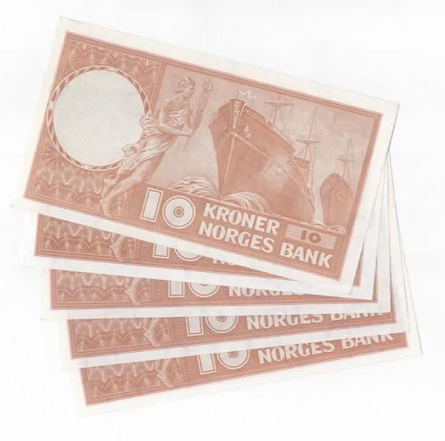 Norge 10 kroner 1969 T og V, 1970 W, 1972 L og 1973 N