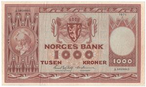 1000 kroner 1971 A. Med to forskjellige serienummer. Kv.1/1+