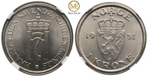 1 krone 1951 Haakon VII. MS66. Kv.0