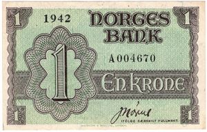 1 krone 1942 A.004647 London utg. Kv.1+