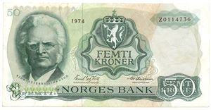 50 kroner 1974 Z.0114736. Erstatningsseddel. R-seddel. Kv.1/1+