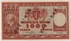 1000 kroner 1949 X.0000000 specimen. Sjelden. Gradert til 65 EPQ hos PMG. Kv.0