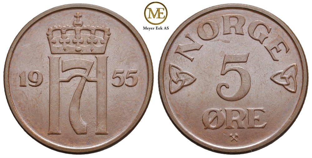 5 øre 1955 Haakon VII. Kv.0