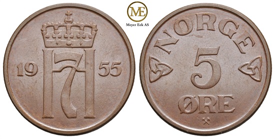 5 øre 1955 Haakon VII. Kv.0