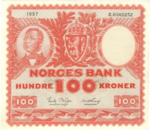 100 kroner 1957 Z.0302252. Erstatningsseddel. Kv.1+/01