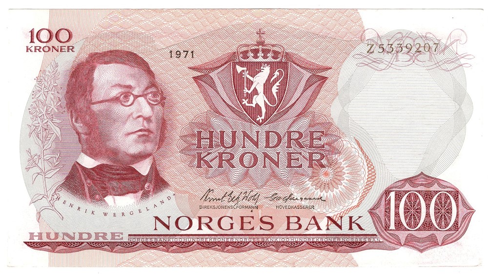 100 kroner 1971 Z.5339207. 5-million erstatningsseddel. Kv.01