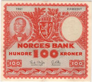 100 kroner 1961 Z.0462267. Erstatningsseddel. 35 Choice VF