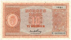 10 kroner 1951 T.9459033. Kv.0/01