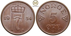 5 øre 1954 Haakon VII. Kv.0