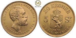 20  kroner/5 Spc. 1875 Oscar II. Kv.0/01