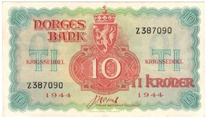 10 kroner 1944 Z. London utgaven. Kv.1+/01