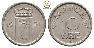 10 øre 1951 Haakon VII. Kv.0