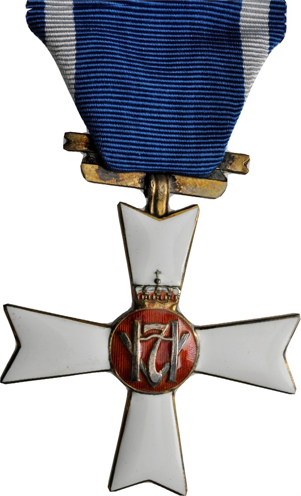 Frihetskors Haakon VII. Hvit og rød emalje med bånd. I original eske. Ex. OMG.25. Kv.01