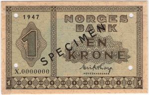 1 krone 1947 X.0000000. Specimen. RRR. Kv.01