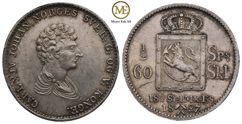 1/2 speciedaler 1827 Carl XIV Johan. Kv.01