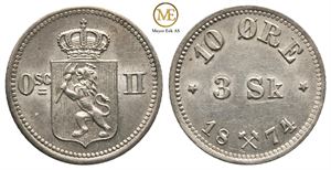 10 øre/3 sk. 1874 Oscar II. Kv.0