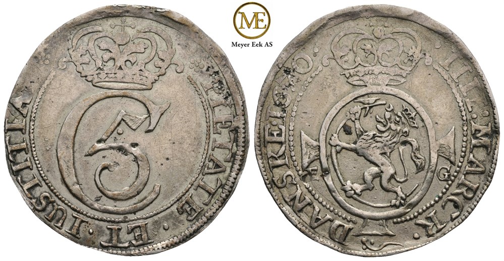 4 mark 1670 Christian V. Mysteriekrone. Kv.1+