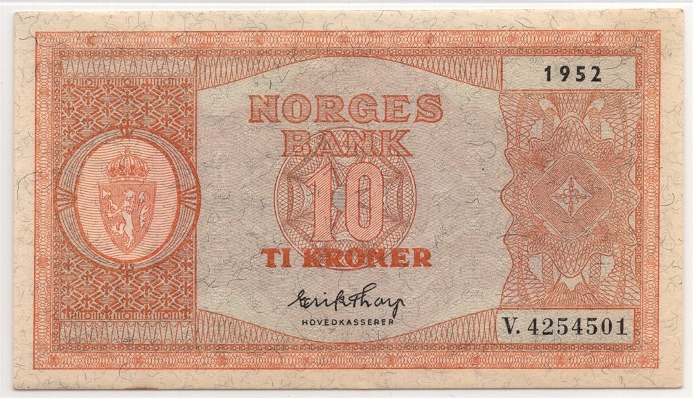 10 kroner 1952 i serie. V.4254501-02. Gradert til 63 og 64 EPQ hos PCGS. Kv.0-0/01
