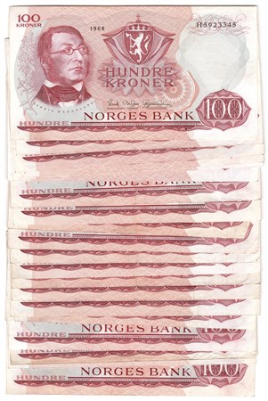 Lot. 100 kroner 1968 H og J. 33 stk. VK