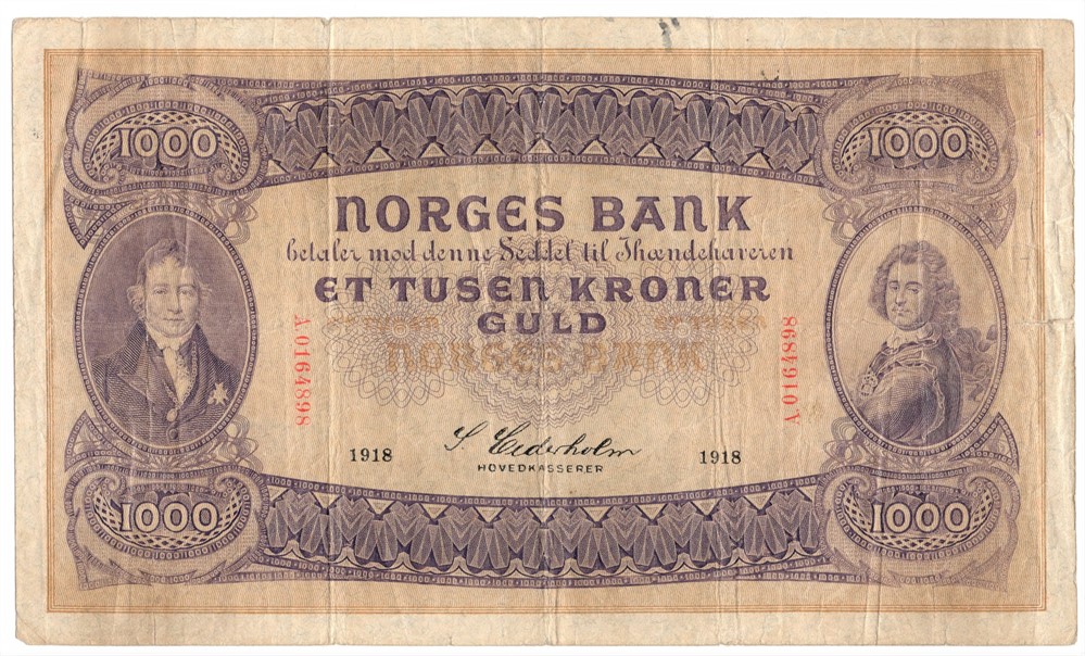 1000 kroner 1918 A.0164898. SS-Seddel. Kv.1-