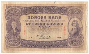 1000 kroner 1918 A.0164898. SS-Seddel. Kv.1-