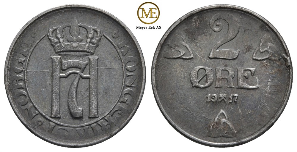 2 øre 1917 Haakon VII. Enkeltstrek. Kv.1+/01