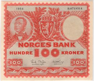 100 kroner 1954 D.0718314. 66 EPQ. Kv.0