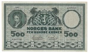 500 kroner 1951 A.0430759. Kv.1